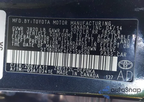 2014 Toyota Corolla L z USA, uszkodzony, nr VIN 2T1BURHE4EC159506